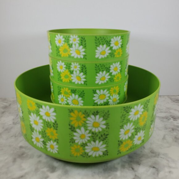 Vintage Green Daisy Aladdinware Plastic Salad Bowls Set | Retro Mod Flower Servi - Picture 5 of 8